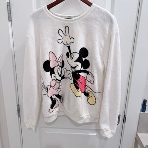Disney Women's White Sweater with Mickey and Minnie Graphic